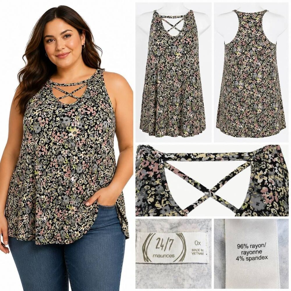 Maurices 24/7 0X Floral Criss Cross Sleeveless Tank Top